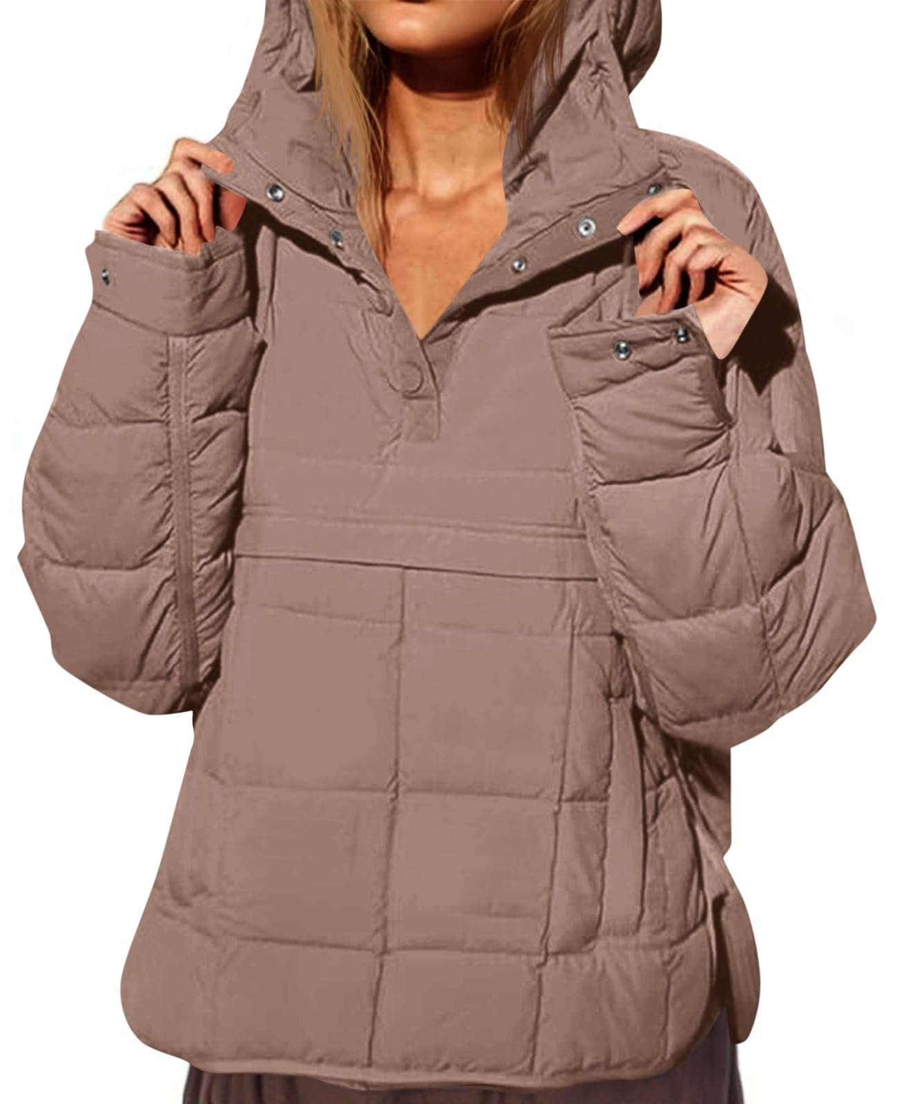 Photo 1 of Fazortev Womens Oversized Puffer Jacket Quilted Dolman Hoodies Pullover Long Sleeve Lightweight Warm Tops Coat