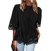 PRETTYGARDEN Tie Front Peplum Tops for Women Summer Y2K Short Sleeve Babydoll Cute Going Out Top Eyelet Blouse Shirt