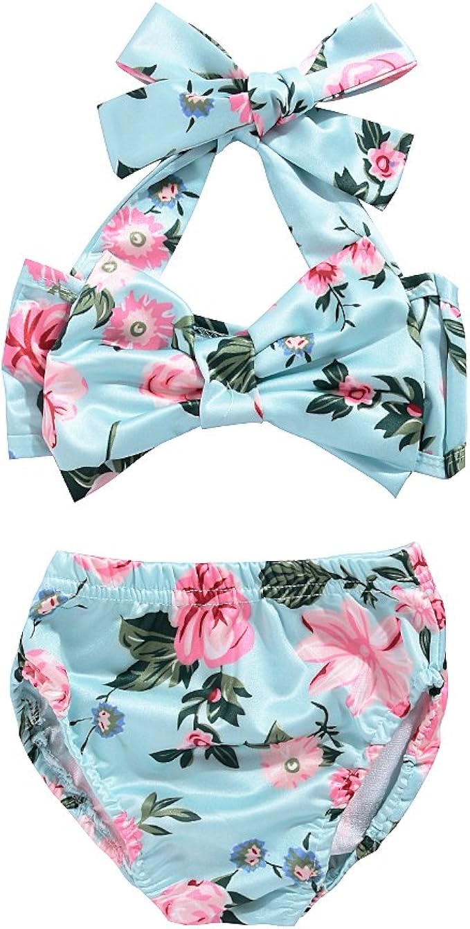 2Pcs Baby Girls Halter Bowknot Tube Top+Floral Short Bottoms Bikini Bathing Suit Swinwear