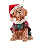Brown Labradoodle With Plaid Coat and Santa Hat Ornament