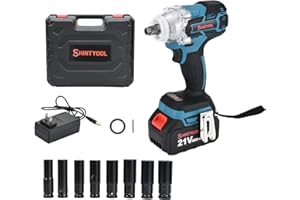 SHINTYOOL 21v Cordless Impact Wrench, 4.0 Ah Battery Small Impact 300 Torque Ft-Lbs (400 N.M),1/2in Impact Wrench With Hog Ring Anvil And 8 Sockets