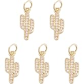 FASHEWELRY 5Pcs Cubic Zirconia Cactus Charms Golden Plated Brass Golden Charms Sparkling Plants Pendants for Bracelet Necklace Jewelry Making Festival Gift