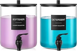 TIPGO Glass Laundry Detergent Dispenser, 128 oz / 3.5L Fabric Softener Dispenser for Laundry Room Organization, Detergent Holder with Plastic Spigot (Black, 2 Pack)