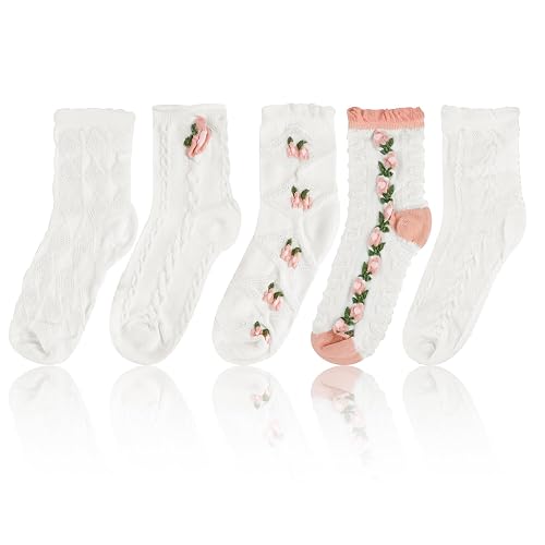 WATUNID 5 Pairs Frilly Socks Women, White Ankle Socks Cute Lace Ruffle Socks, Cotton Socks Girls Solid Lettuce Edge Breathable Casual Crew Knit Socks For Ladies Dress Gifts