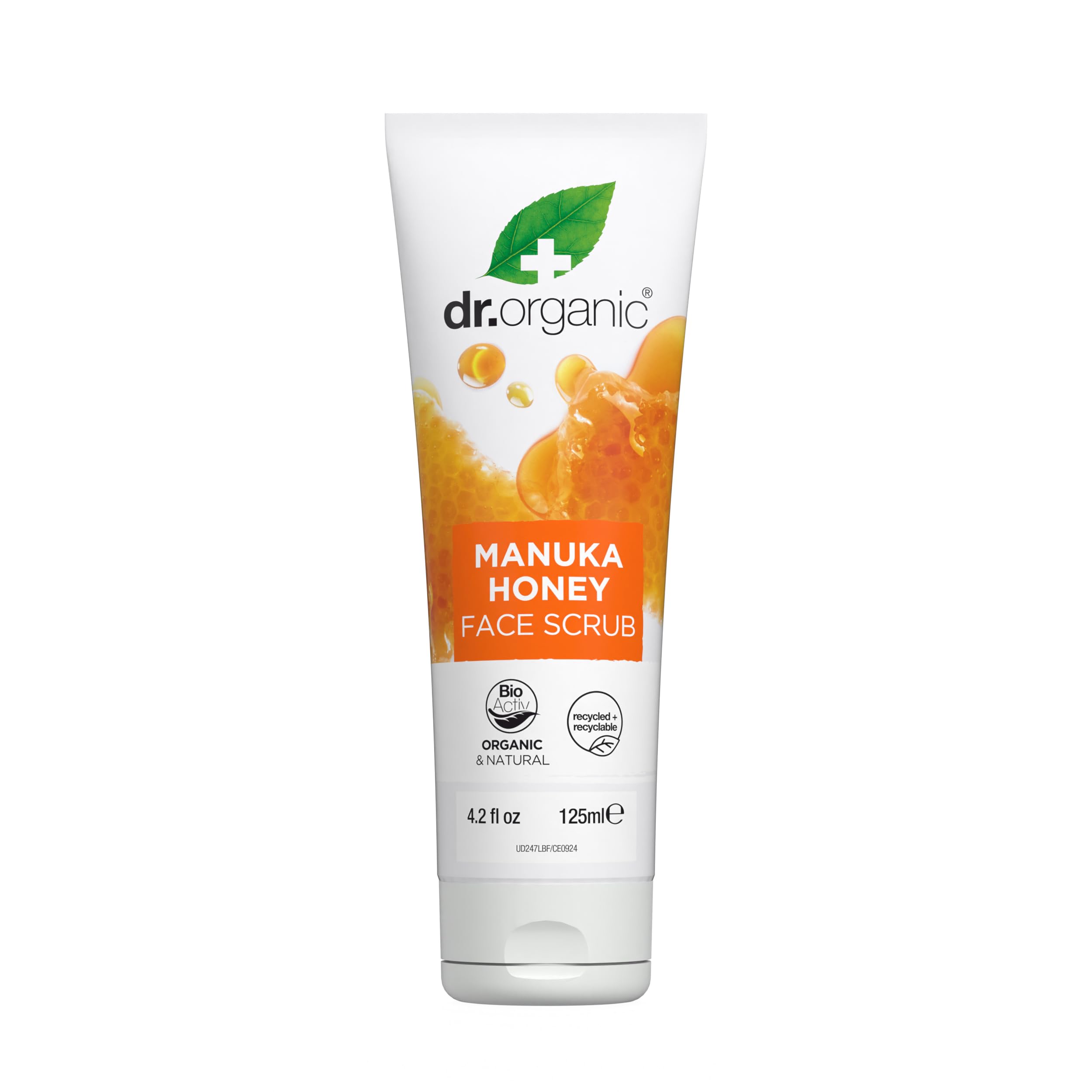 Dr Organic Manuka Honey Face Scrub, Exfoliating, Dry Skin, Mens, Womens, Natural, Vegetarian, Cruelty-Free, Paraben & SLS-Free, Recycled & Recyclable, Organic, 125ml, Packaging may vary