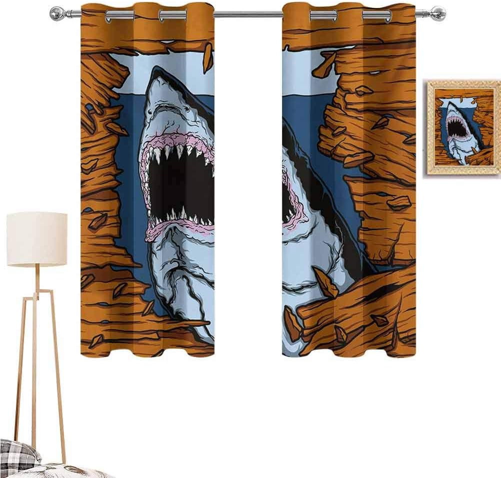 1GShophome Shark Simple Curtains Wild Fish Breaking Wooden Plank Danger Sign Killer Creature Fun Illustration Isolation from The Sun, Darkening The Room Ginger Dark Blue 55"x 39"