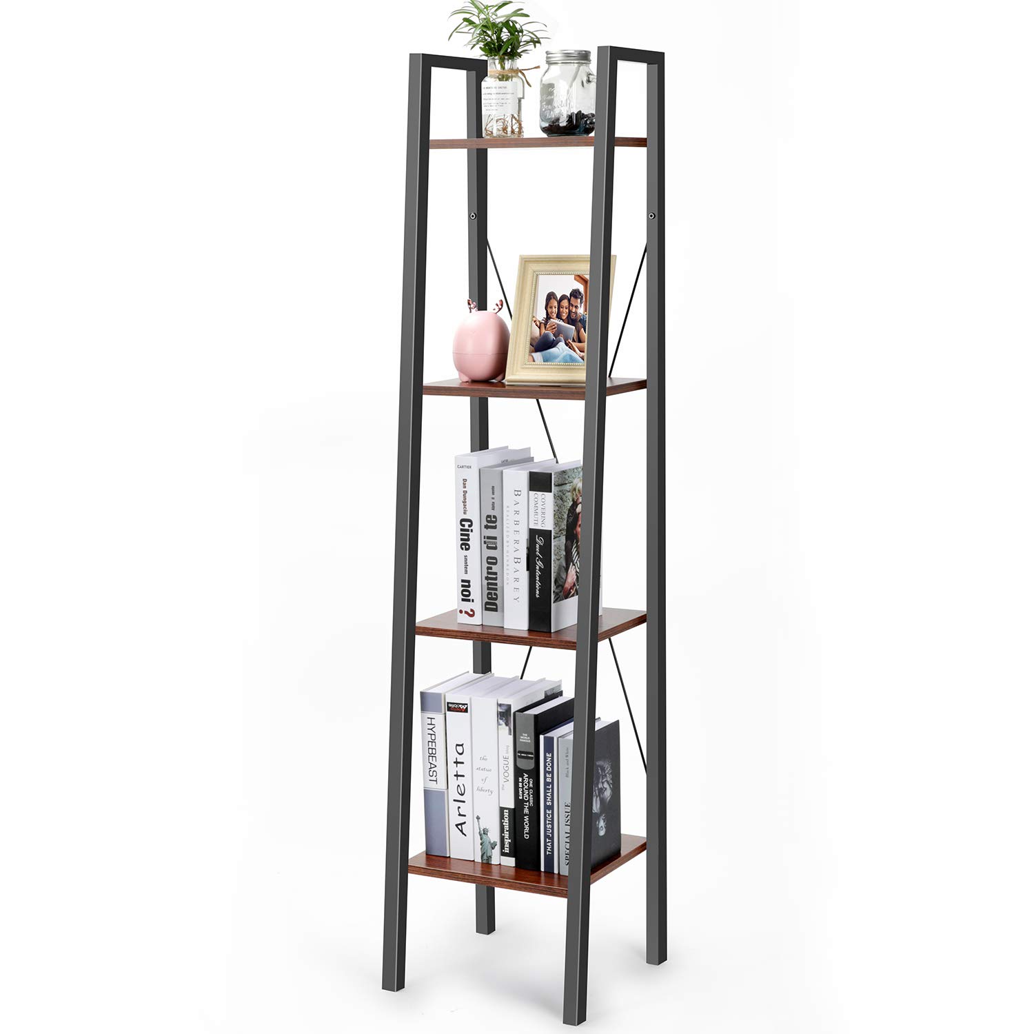 Industrial Ladder Shelf, 4-Tier Bookshelf, Plant Flower Stand, Multipurpose Organizer Rack for Home, Office, Living Room, Balcony, Bedroom by Pipishell