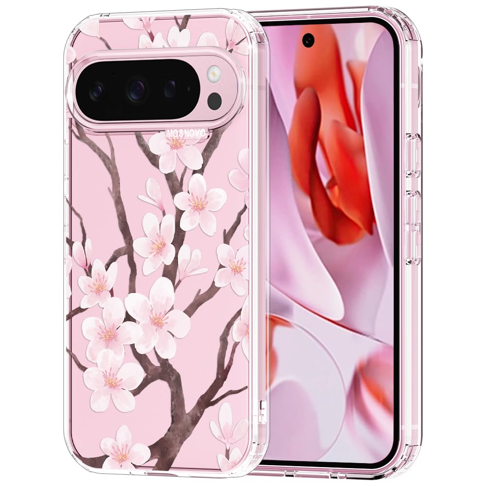 MOSNOVO Case for Google Pixel 9 Pro XL, [Buffertech 6.6ft Military-Grade Drop Protection] [Anti Peel Off Tech] Clear TPU Bumper Phone Case Cover Design - Cherry Blossom