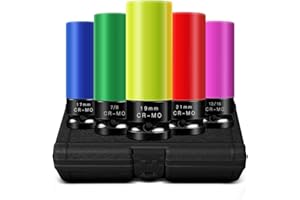 BOEN 1/2" Drive Wheel Protector Impact Socket, Non-Marring Lug Nut Thin Wall Deep Socket Set, CR-MO, 6 Point, Color-Coded Pro