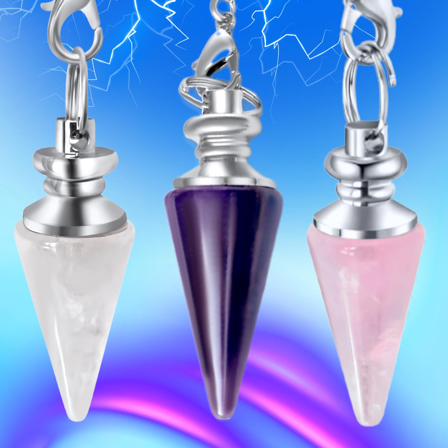 3x Divination Pendulum Rock Crystal, Amethyst and Rose Quartz Cone Shape, Natural Stone Radiesthesia Pendulum - Pack of 3 Pendulums