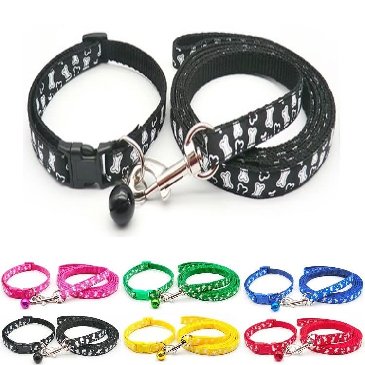Small Dog Puppy Pet Collar and Lead Set White Bone Design Nylon Adjustable Size 19-32cm Collar with Bell and 120cm Leash Black