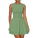 Kaximil Women's Ruffle Hem Boat Neck Mini Dress Sleeveless Ruched Corset Short Party Dresses