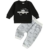 Yxniwxe Toddler Baby Boy Fall Outfit Airplane Embroidery Long Sleeve Sweatshirt Pullover Tops Joggers Pants Set 2Pcs Clothes