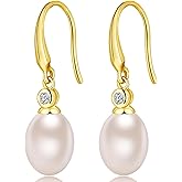 Jiamiaoi 18k White Gold Plated Pearl Earrings, 925 Sterling Silver Pearl Drop Earrings for Women, Trendy Hook Jewelry