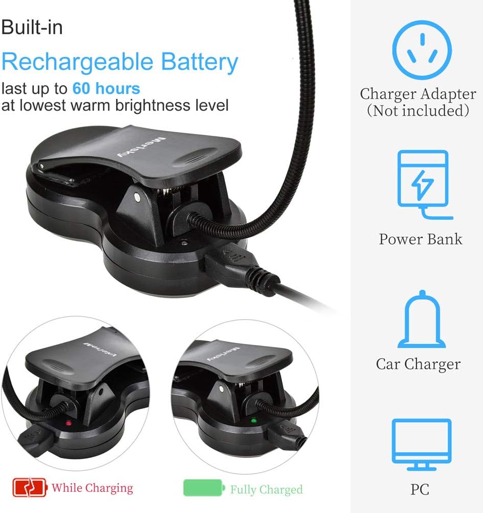 Rechargeable Book Light, Merisky LED Clip on Reading Light for Book in Bed, 3 Color × 3 Brightness, Up to 60 Hours Eye Care Reading, Warm & White, Perfect for Kids, Bed Headboard & Travel - - 