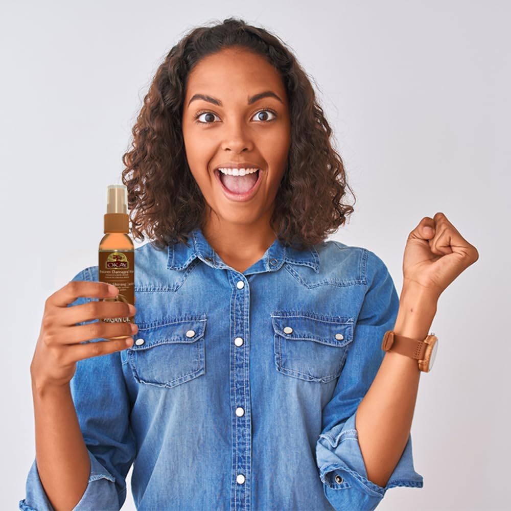 Okay Moisturizing Mist Hair Spray with Argan Oil - Hydrating Hair Oil Mist with Vitamin E, Restores Damaged Strands, Provides Shining Luster, Nourishes Dry Hair, Cruelty Free - 2 Oz