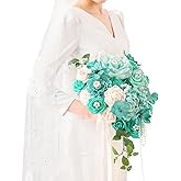 TINGE TIME 11 Inch Wedding Bouquets for Bride, Teal Green & Champagne Artificial Flowers Bouquet, Brides & Bridesmaids Bouquet for Wedding Anniversary Ceremony Bridal Shower Decorations