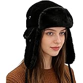 Winter Trapper Hat for Women Men, Faux Fur Windproof Hat with Ear Flaps Warm Russian Ushanka Hunting Cap for Cold Weather Black