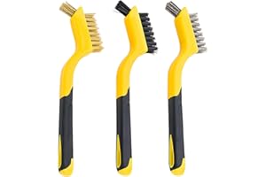 PUNHUNG 3Pcs Wire Brush Set, Nylon/Brass/Stainless Steel Wire Brushes Bristles with Curved Handle Grip for Cleaning, Rust Removal, Dirt Cleaner, Paint Scrubbing (Yellow Body, 3)