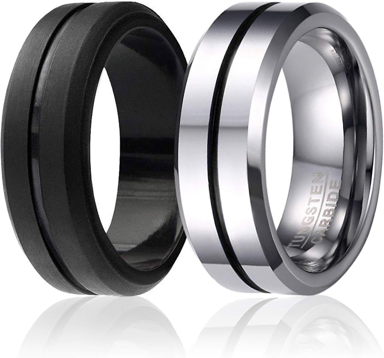 Twins - Set of 2-1 Tungsten Wedding Band and 1 Silicone Rubber Wedding Ring for Men, Classic Style