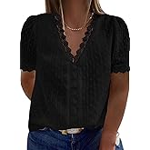 Eytino Womens Plus Size Tops Casual Summer Short Sleeve V Neck Lace Crochet Chiffon Blouses Shirts(1X-5X)