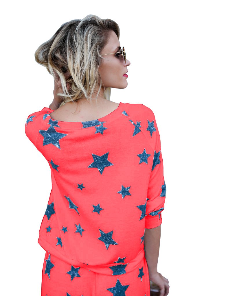 Mycherish Women Round Neck Cotton Flannel Pajamas Two Pieces Set with Star Pattern XX-Large Red