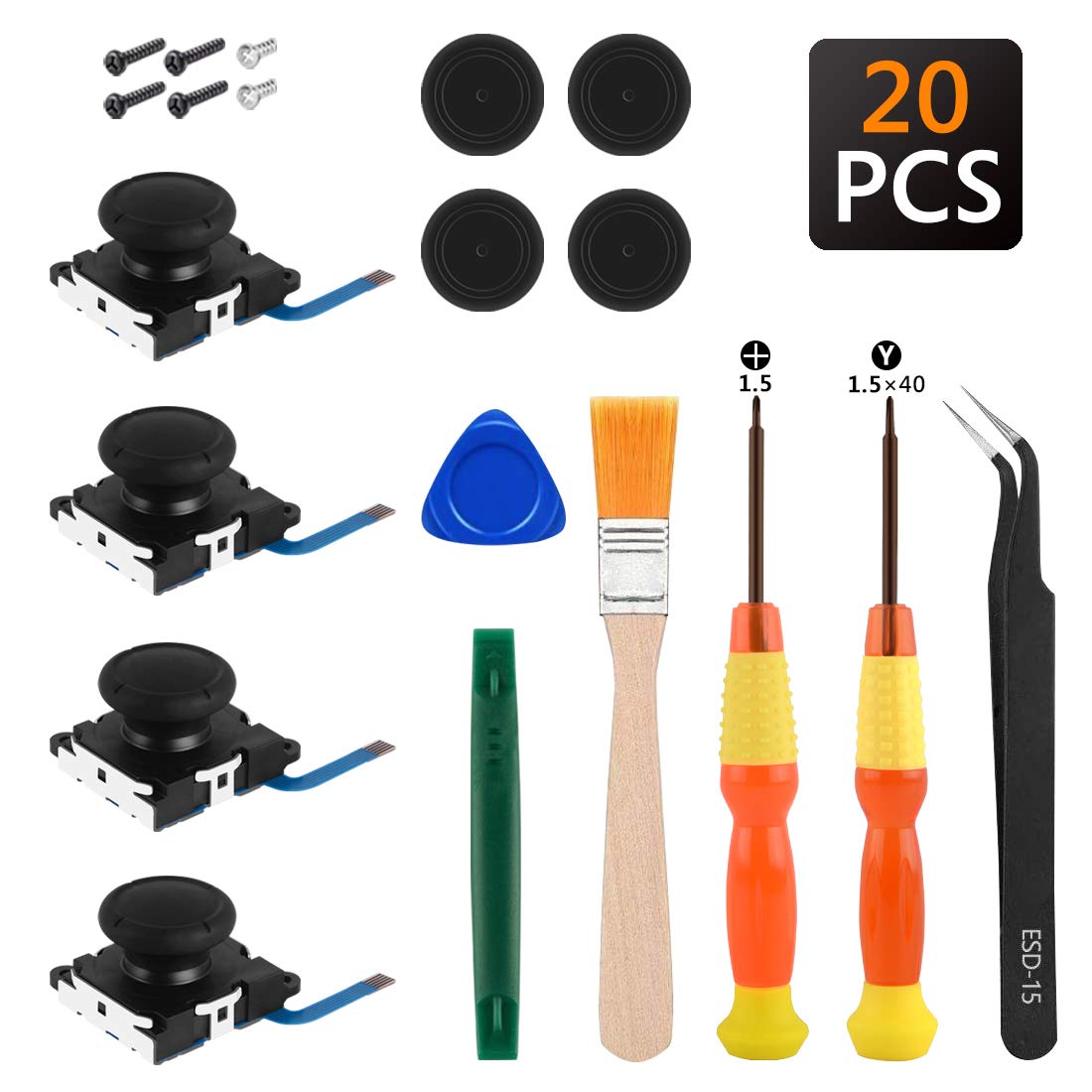 Geekria Replacement Joystick Repair Kit, Compatible with Switch Analog Stick and Nintendo Switch, Repair Parts, Include 4 Joysticks, 4 Thumbstick Grips, 2 Screwdriver, 6 Screw, Pry Tools