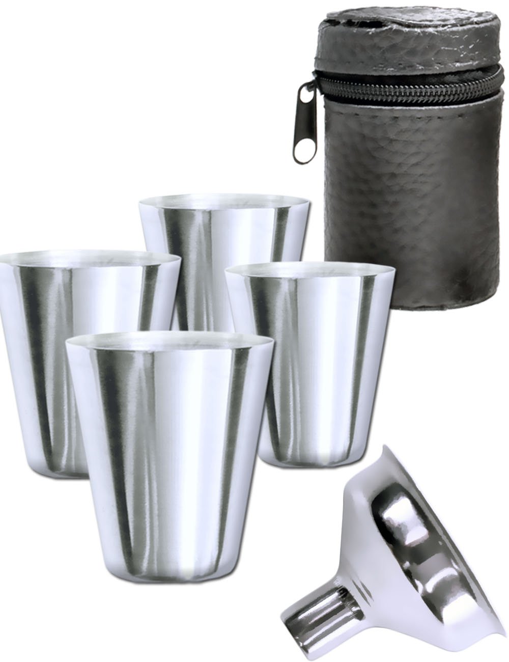 Outdoor Saxx Stainless Steel Drinking Cups Set of 4 Shot Glasses and a Filling Funnel + Bag | Ideal Leather 6oz Hip Flask Accessories