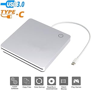 BDYING External USB C CD DVD Drive,Portable USB 3.0 and Type-C Smart Touch Button Slot-in CD DVD Burner Player Writer for Desktop Laptop/Mac/MacBook Pro/Air/Windows XP/7/8/10 Mac OS (Silver)
