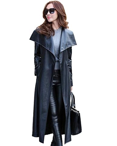 Ledermantel Damen Lang Vintage Mode Casual Herbst Winter Lederjacke Elegante Langarm Classic Revers Kunstleder Bikerjacke Out
