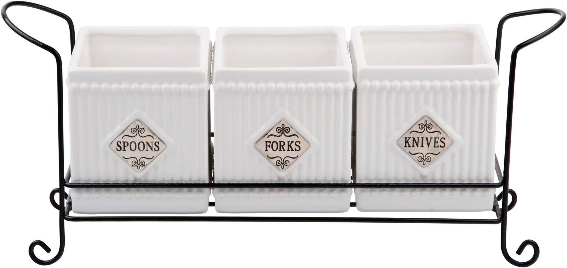 Home Essentials 3 Piece Ceramic Flatware Caddy on Metal Stand with Metal Emblem