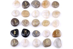 TGS Gems Rune Stones Set with Engraved Elder Futhark Alphabet and Velvet Pouch