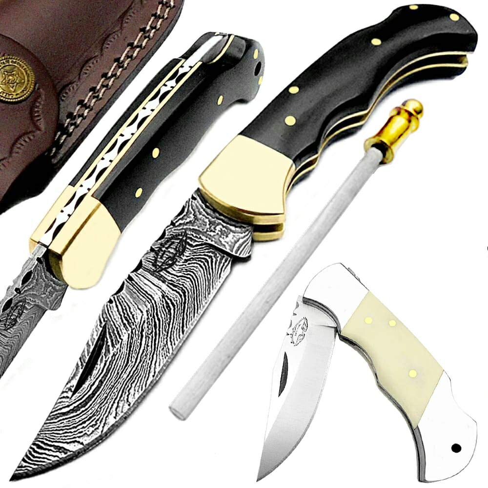 Pocket Knife Buffalo Horn 6.5'' Handmade Damascus Steel Knife for Men