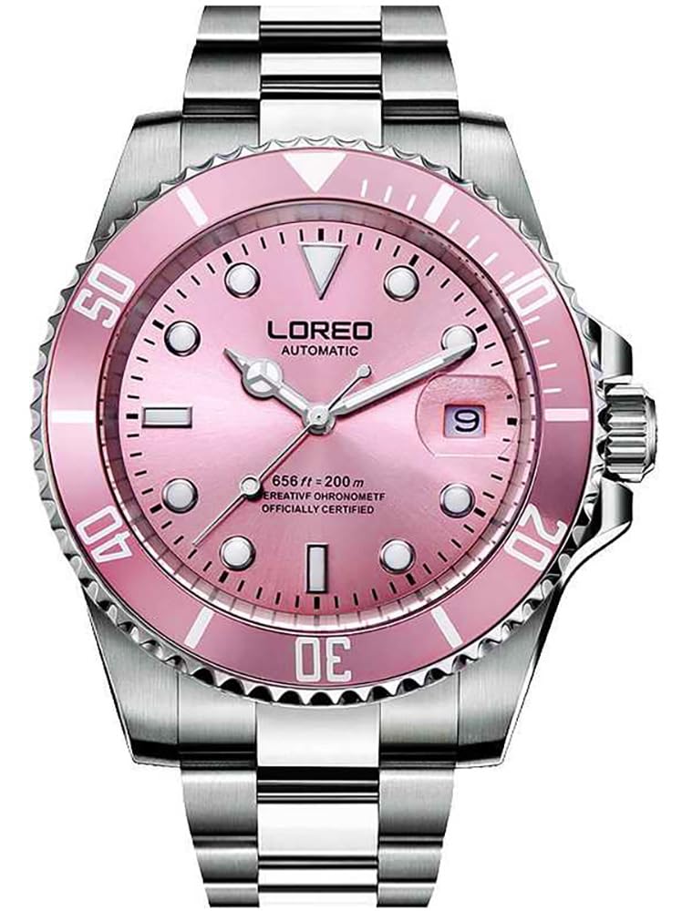 LOREO Mens Silver Stainless Steel Sapphire Glass Black Rotating Bezel Men's Automatic Watch