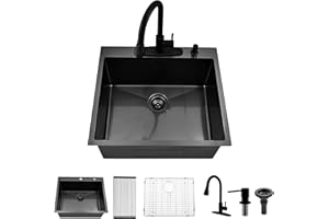 BoomHoze Black Laundry Utility Sink, 25x22x12 Inch Deep Drop in Topmount Black Single Bowl Stainless Steel Laundry Room Sink and Faucet with Soap Dispenser