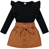 ATCTBOGFS Toddler Baby Girl Skirt Outfit Solid Color Ruffle Long Sleeve Knit Tee Tops Kids Girl Blouse + Skirt 2PCS