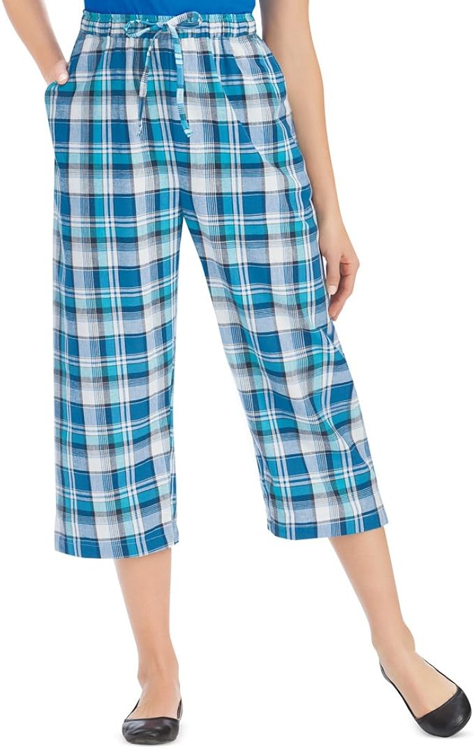 Women's Plaid Cropped Elastic Waist Pull On Capri Pants, Royal Multi