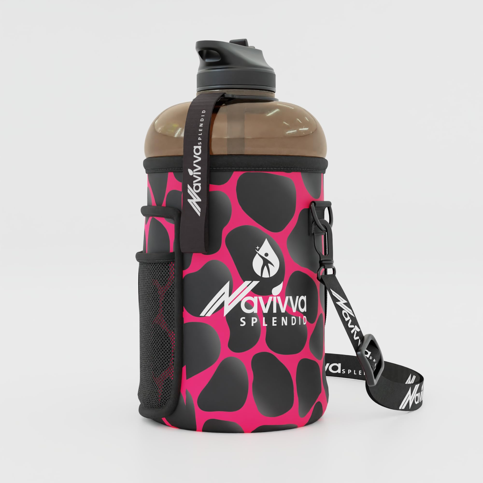 NAVIVVA SPLENDID Large 2L Water Bottle with Insulating Neoprene Cover and Straw Lid - BPA-Free, Dishwasher Safe, Portable, Eco-friendly with Carry Handle – Huge 2.2 Litre Capacity. (Black Pink Stones)