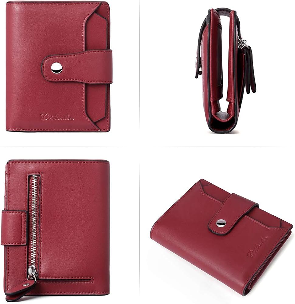 BOSTANTEN Women Leather Wallet RFID Blocking Small Bifold Zipper Pocket Wallet Card Case Purse with ID Window Wine Red