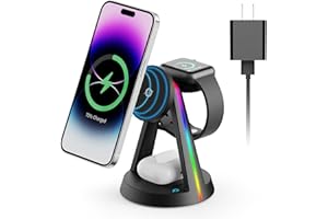 OUOTOO 2024 Version RGB 3 in 1 Wireless Charging Station for iPhone Apple Watch AirPods Multiple Devices, Magnetic Wireless Charger Dock, Travel Charger for iPhone16 15/14/13/12 Series