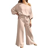 JiXiang 2 Piece Sets for Women Dressy Off Shoulder Lantern Sleeve Top Flowy Wide Leg Pants Outfits Casual Oversized Sweatsuit