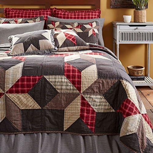 1 Piece Red Black Plaid Queen Quilt, Southwestern Western Tartan Madras Patchwork Lodge Cabin Rustic Theme Bedding Star Pattern Geometric Shabby Chic Rustic Checkered Lumberjack Reversible, Cotton
