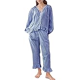 COZYPOIN Womens Plaid 2 Piece Pajamas Sets Cotton Gingham Puff Long Sleeve Cute Shirt Ruffle Pants Y2K Pjs Lounge Set