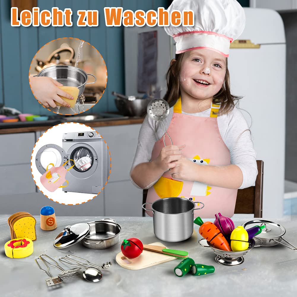 Sundaymot Küchenspielzeug Zubehör, Kinderküche Kochgeschirr Mit Edelstahl Töpfe Pfannenset, Schürze und Kochmütze, Gemüse Lebensmittel Spielzeug Rollenspiele Set für Mädchen Jungen 2