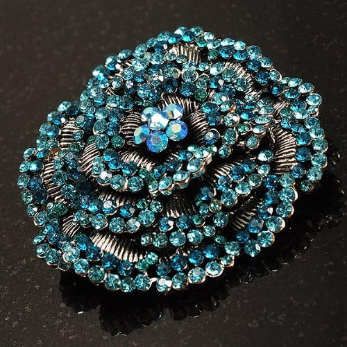 Spectacular Aqua Blue Dimensional Rose Brooch (Antique Silver Tone), grey, cyan / aqua, light blue - Image 4