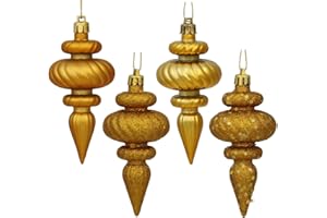 Vickerman 4" 4-Finish Finial Ornament, Shatterproof Plastic Christmas Tree Decoration, 8 Pack, Antique Gold Shiny, Matte, Glitter and Sequin Finishes