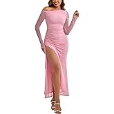 EYNMIN Wedding Guest Dresses for Women 2026 Spring Summer One Shoulder Long Sleeve Slit Mesh Ruched Bodycon Maxi Dress