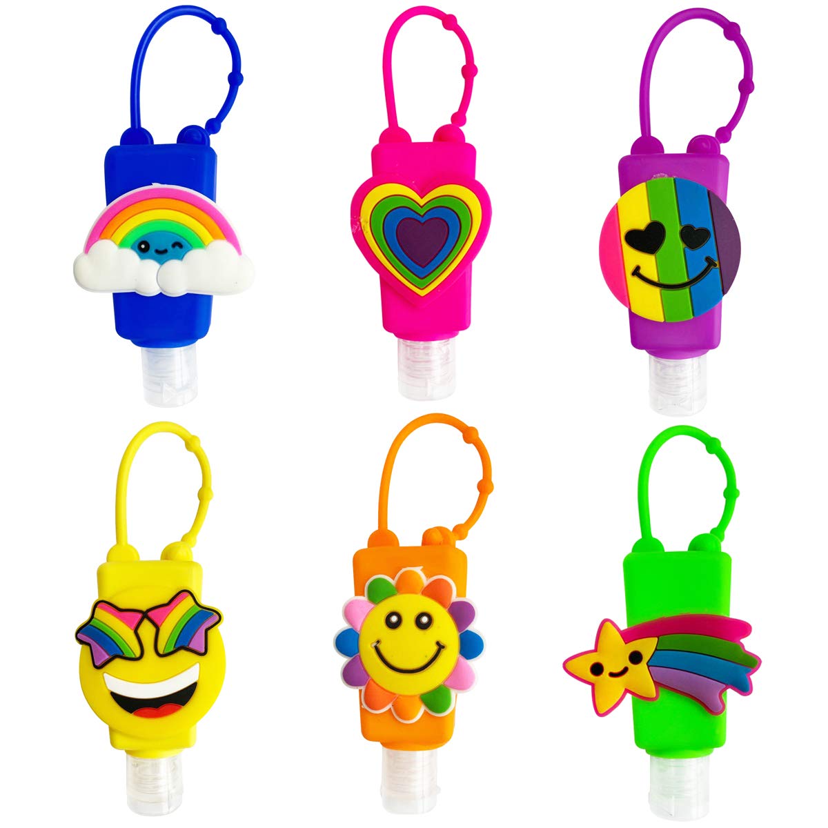 Ulife Mall 6 Pcs Cute Cartoon Kids Refillable Bottles Travel Containers Empty Plastic Bottle with Silicone Case Keychain Carrier, 30 ml Portable Leak Proof Flip Cap Keyring Bottles - Rainbow