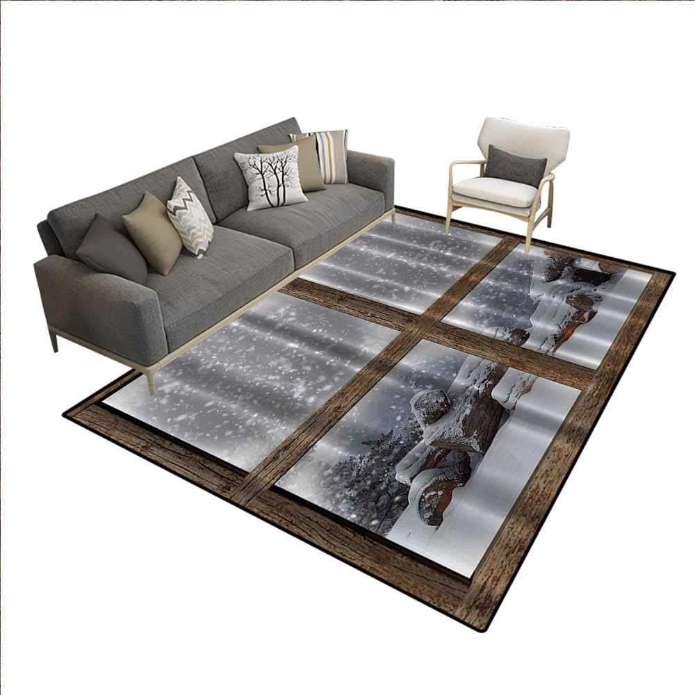 Rustic Winter Christmas Area Rugs Snowy Woodsy Wooden Frame Window View Print For Lake And Mountain House Cozy Decor Soft Colors His Ultra Soft Indoor Modern Area Rugs White Khaki Gray Amazon Co Uk