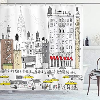 Ambesonne City Love Shower Curtain, Busy City Traffic Jam Yellow Taxi Cab Urban Life Cartoon Design Modern Style Art, Cloth Fabric Bathroom Decor Set with Hooks, 70